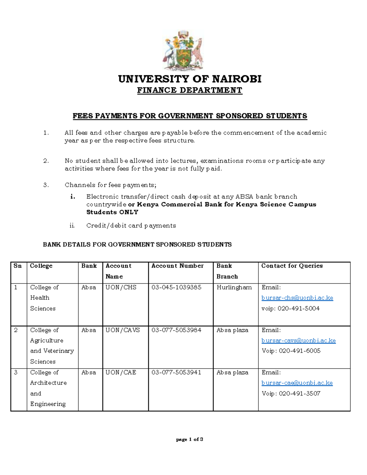 Government Sponsored Students FEES Payment - UNIVERSITY OF NAIROBI