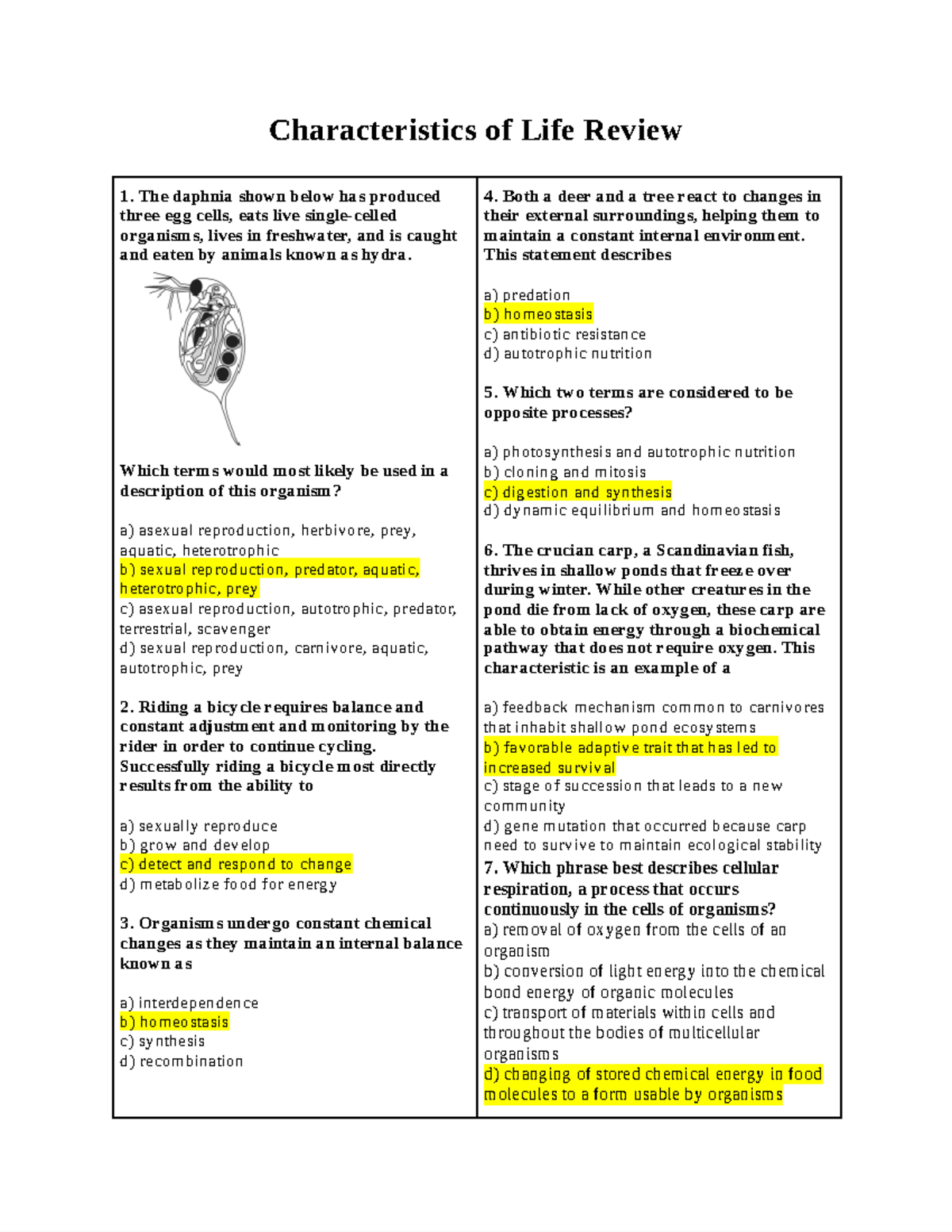 Characteristics Of Life Answer Key Characteristics Of Life Review 1 