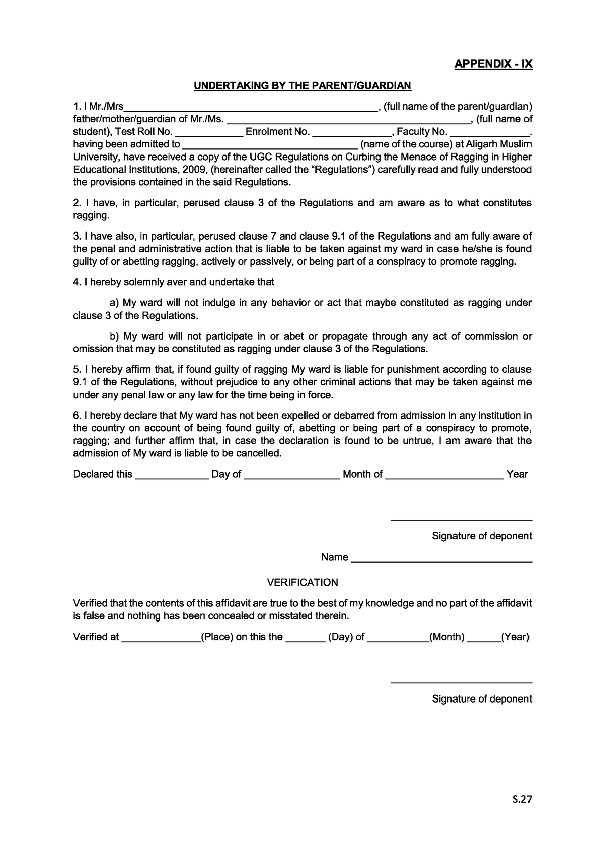 Undertaking- Parents - BA.LL.B(Hons) - Studocu