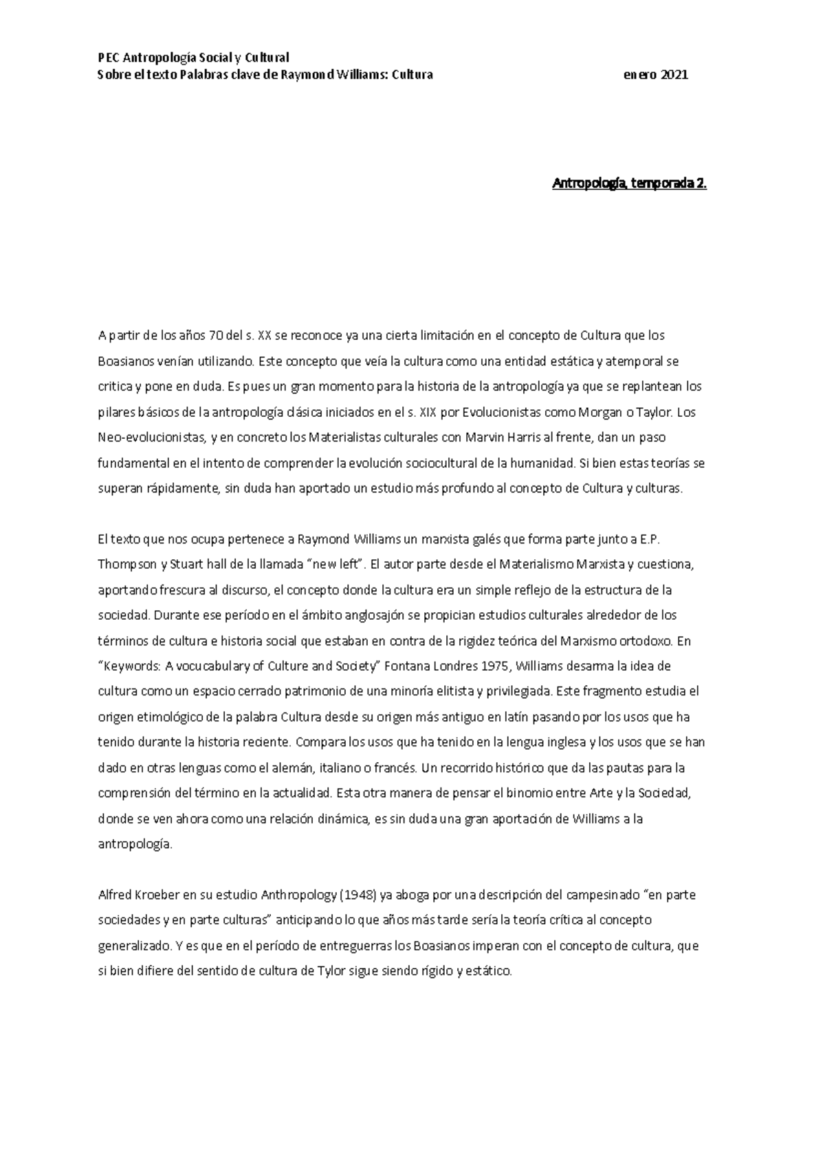 PEC_Antropología social y Cultural Sobre el texto Palabras clave de Raymond Williams Cultura