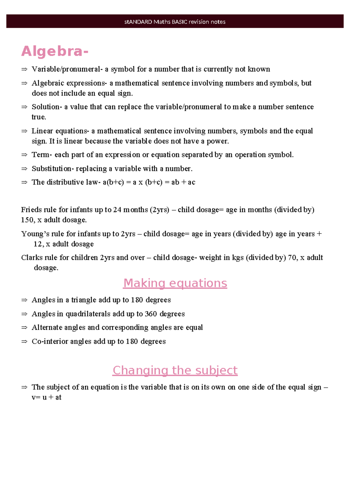 Revision Notes (Sara Bassal) - stANDARD Maths BASIC revision notes ...