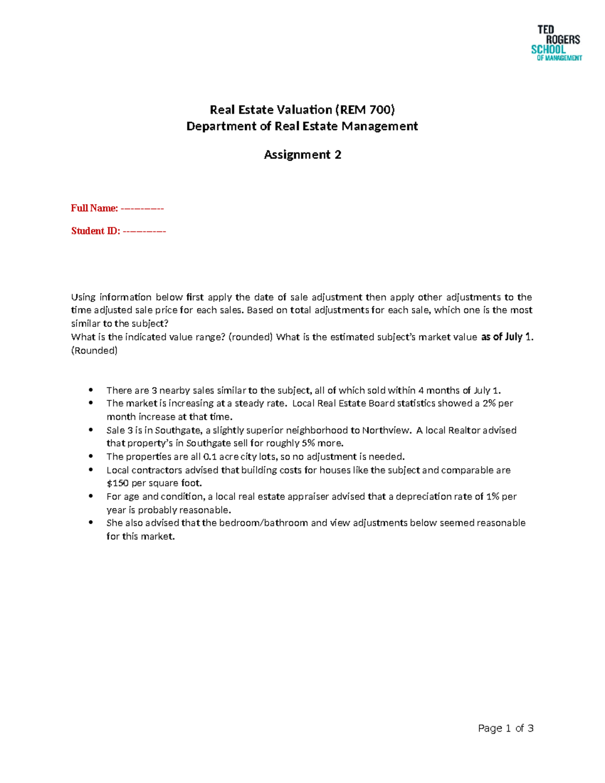 REM700Assignment 2 Practice Material Real Estate Valuation (REM