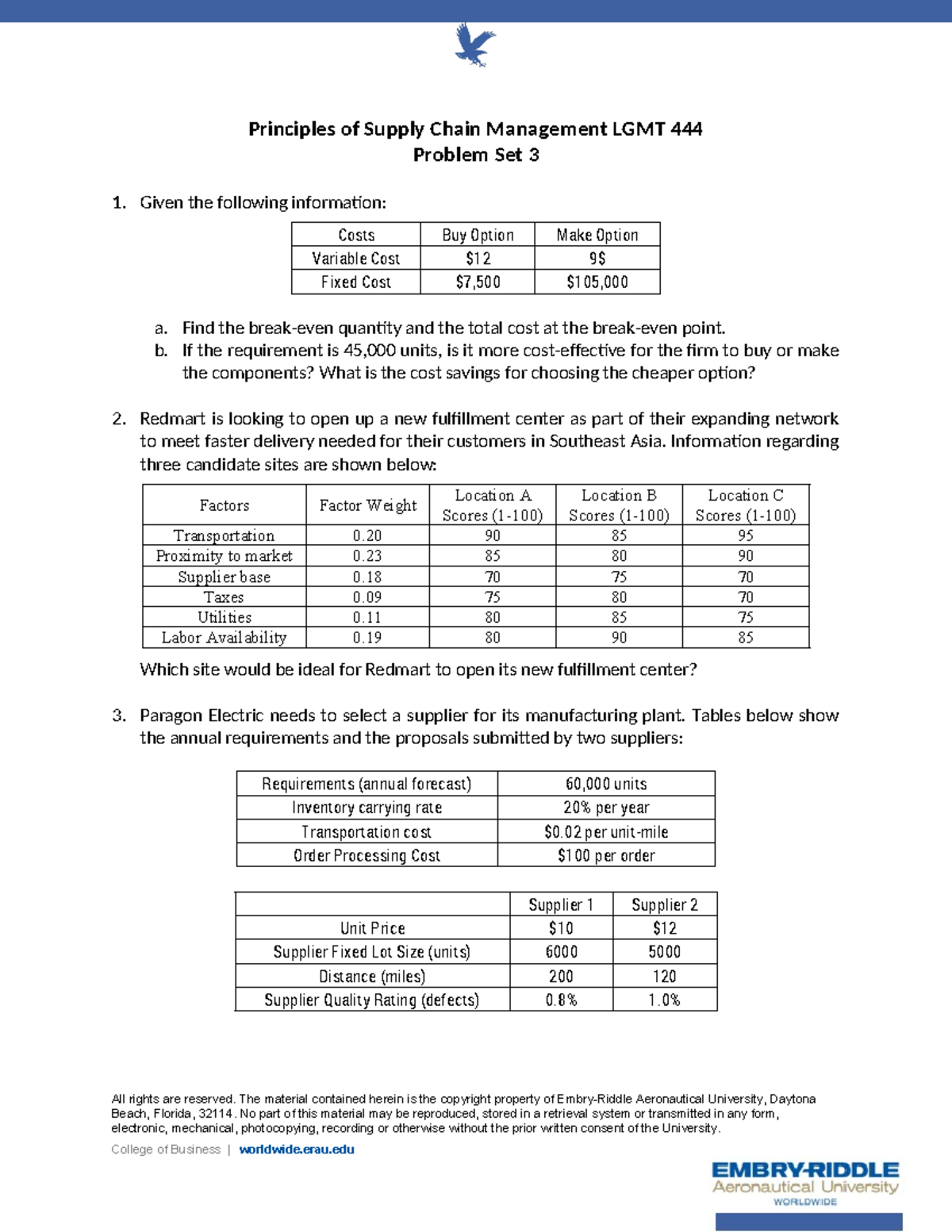 LGMT 444 Problem Set-3 - Given The Following Information: Costs Buy ...