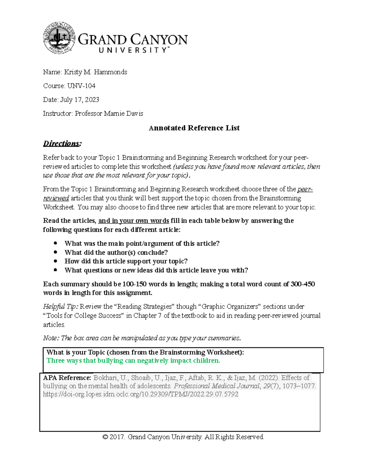 UNV-104-RS-T2-Annotated Reference List 2 - Name: Kristy M. Hammonds ...