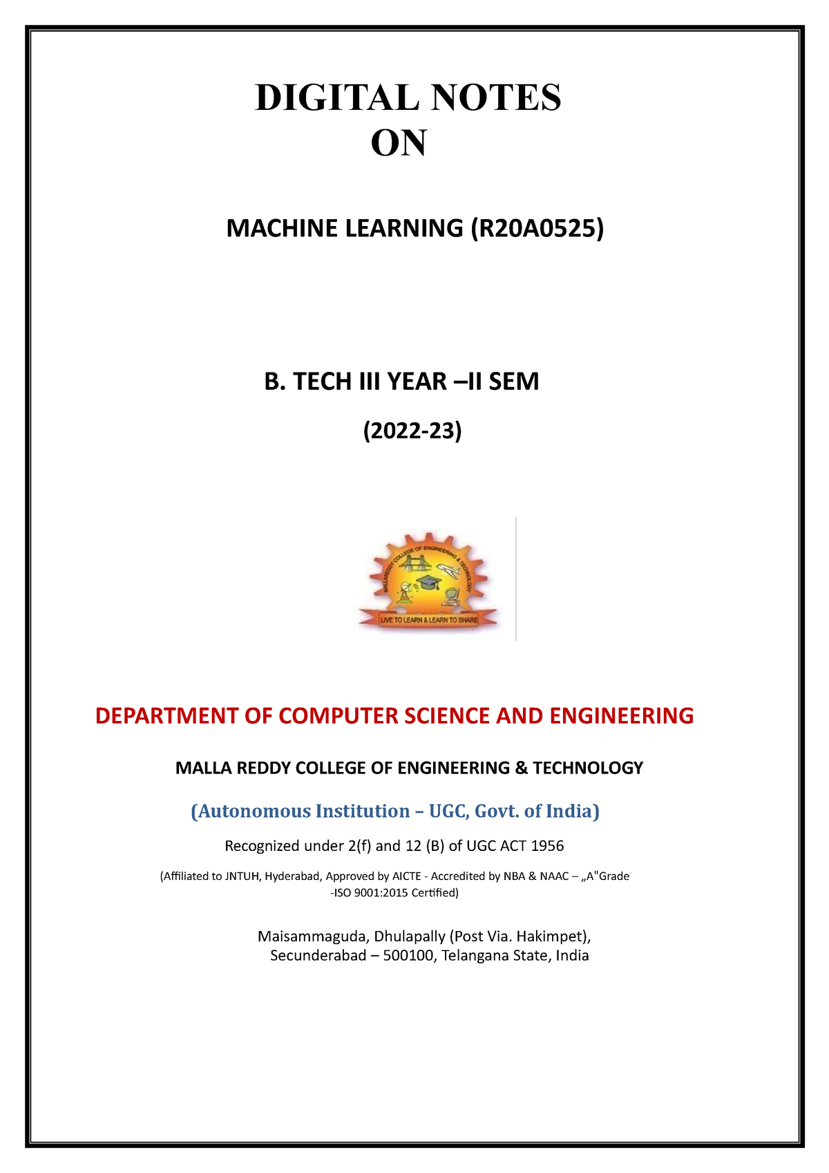 ML Digital Notes Updated On 2nd Jan - DIGITAL NOTES ON MACHINE LEARNING ...