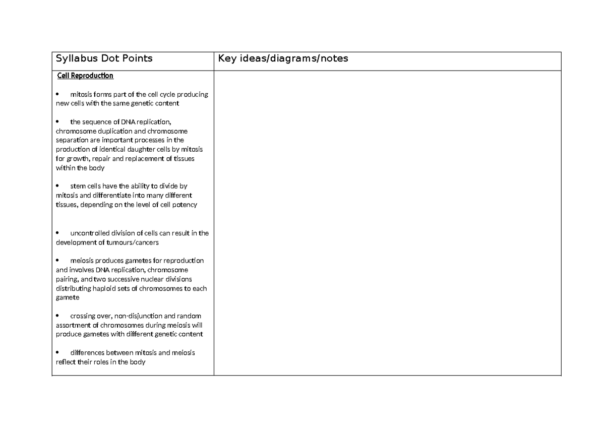 Syllabus Dot Points - cell reproduction - Syllabus Dot Points Key ideas ...