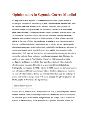 Opinión sobre la Segunda Guerra Mundial - Opinión sobre la Segunda Guerra  Mundial La Segunda Guerra - Studocu