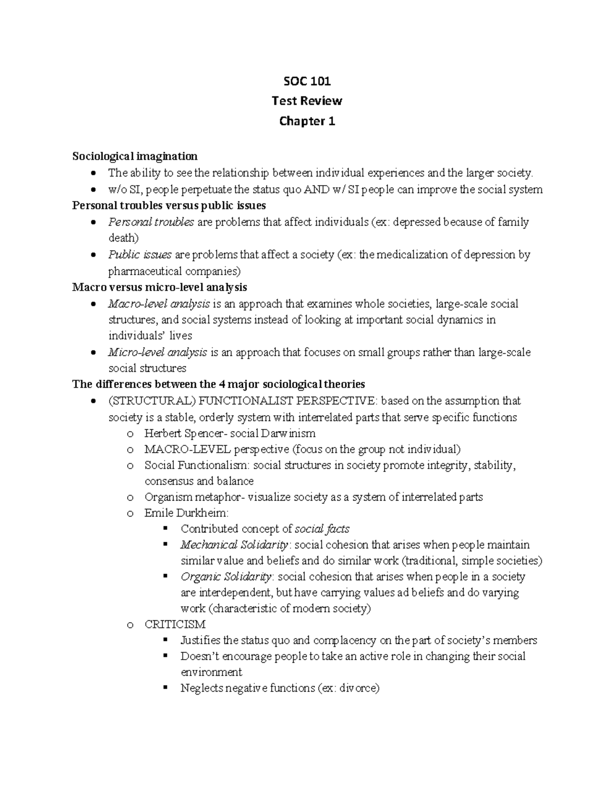 SOC 101 Test Review Ch 1 - Introduction To Sociology - SOC 101 Test ...