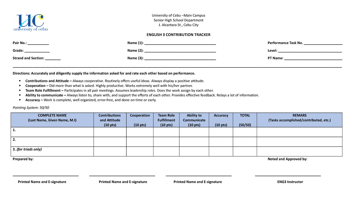 ENG3 PT1 Contribution Tracker - University of Cebu –Main Campus Senior ...