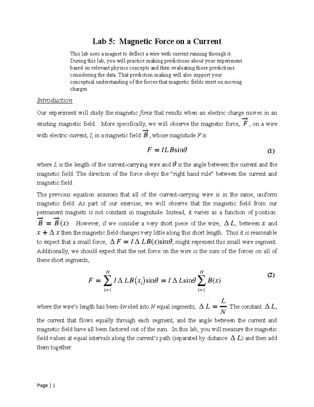 2022W 1362 05 Force Lab 5 Force on a Current This