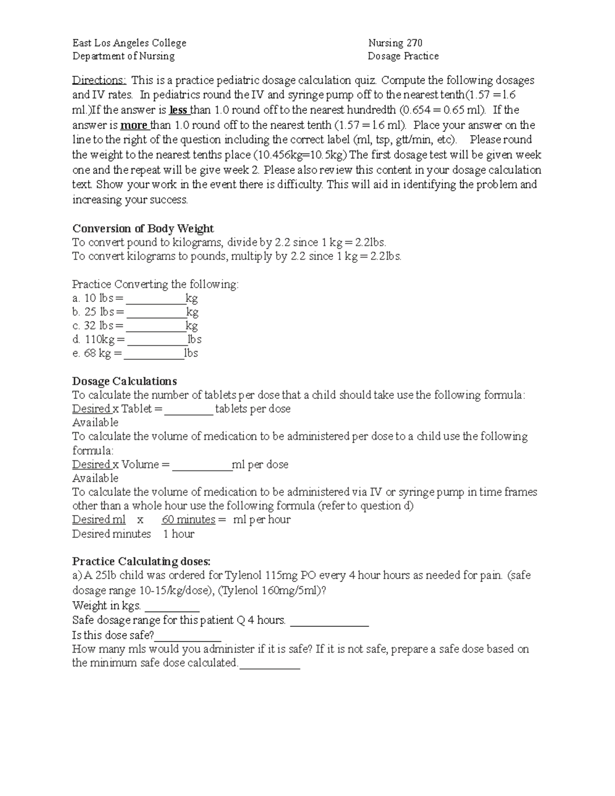 Peds dosage calculation East Los Angeles College Nursing 270