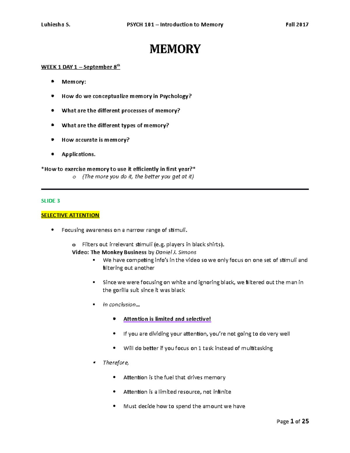 EXAM A Prep Notes - Introduction to Memory - Luhiesha S. PSYCH 101 ...