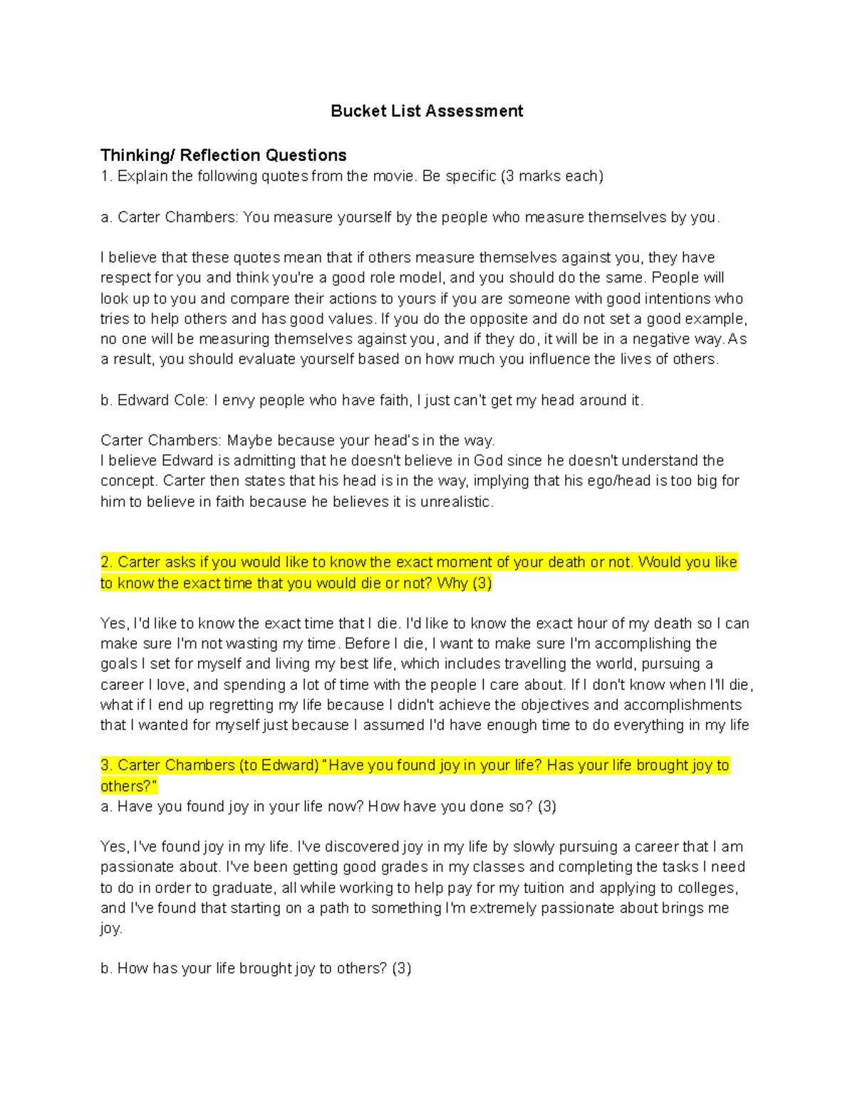 Bucket List Assessment Bucket List Assessment Thinking/ Reflection