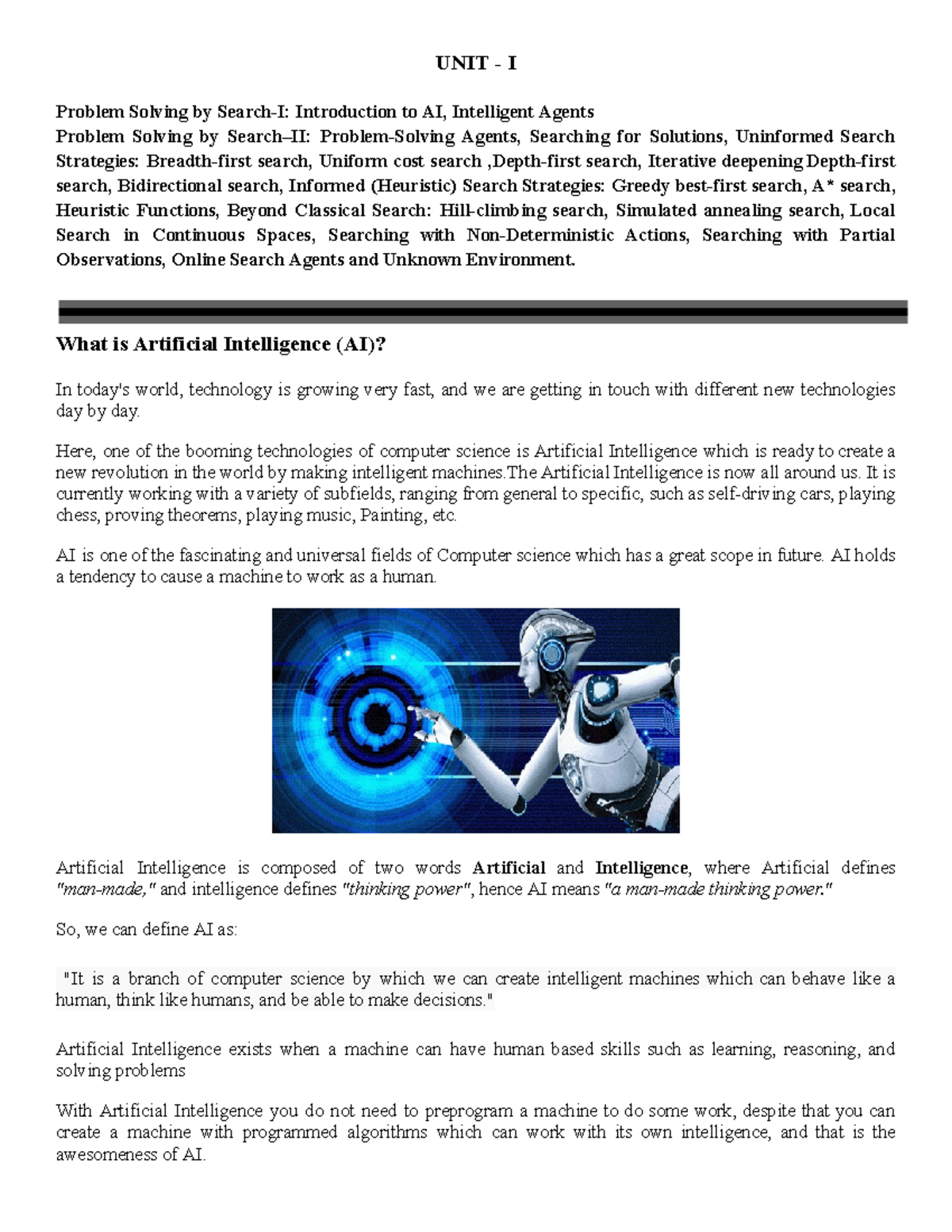 AI - Unit - I - new syllabus - UNIT - I Problem Solving by Search-I ...