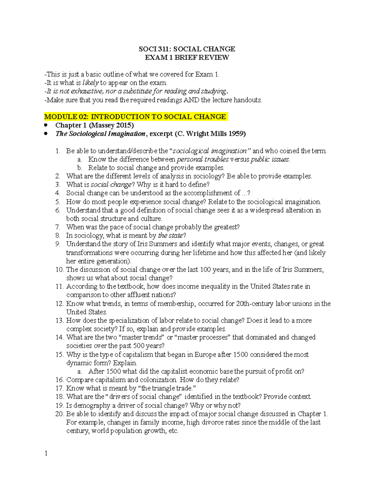SOCI G/C Exam 1 Brief Review - SOCI 311: SOCIAL CHANGE EXAM 1 BRIEF ...