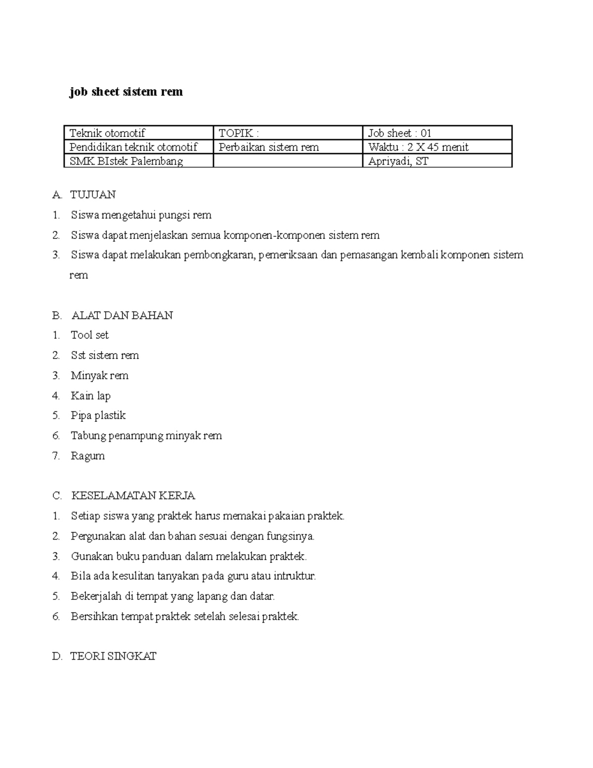 Jobsheet sistem rem sistm rem job sheet sistem rem Teknik otomotif TOPIK Job sheet 01