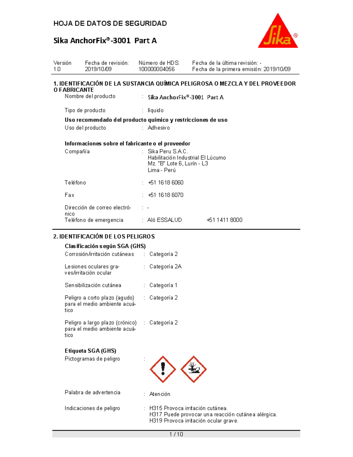 Msds HS - Sika Anchor Fix-3001 - Sika AnchorFix®-3001 Part A Versión 1 ...