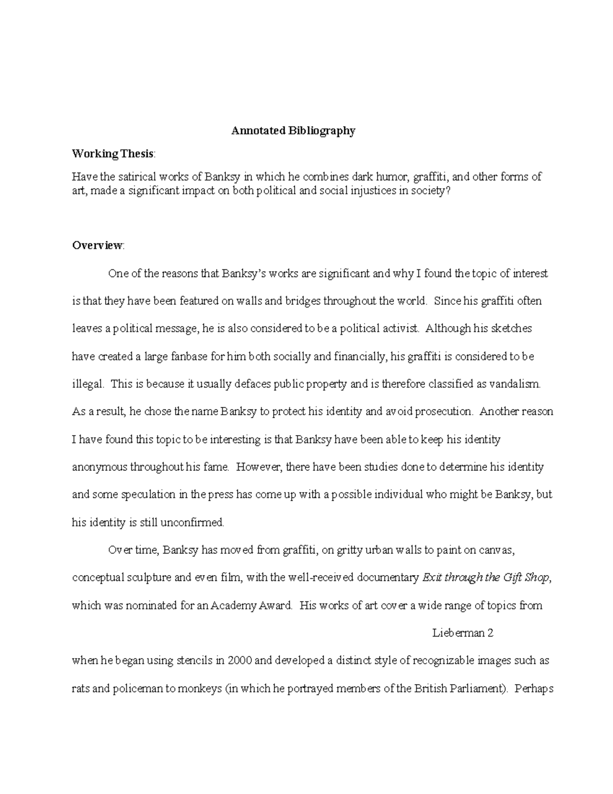 ENG 101 Annotated Bibliography Banksy - Annotated Bibliography Working ...