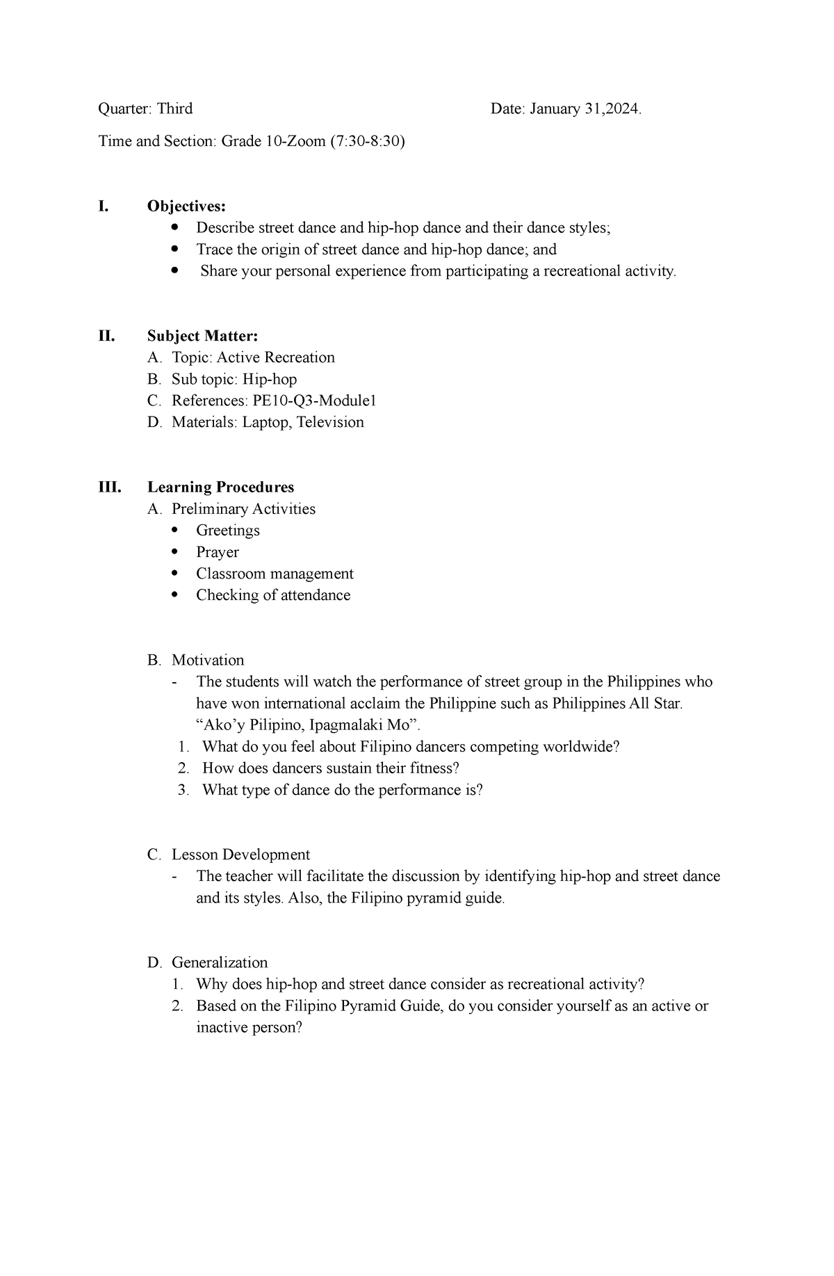 L1 PE - A lesson plan for MAPEH. - Quarter: Third Date: January 31,2024 ...