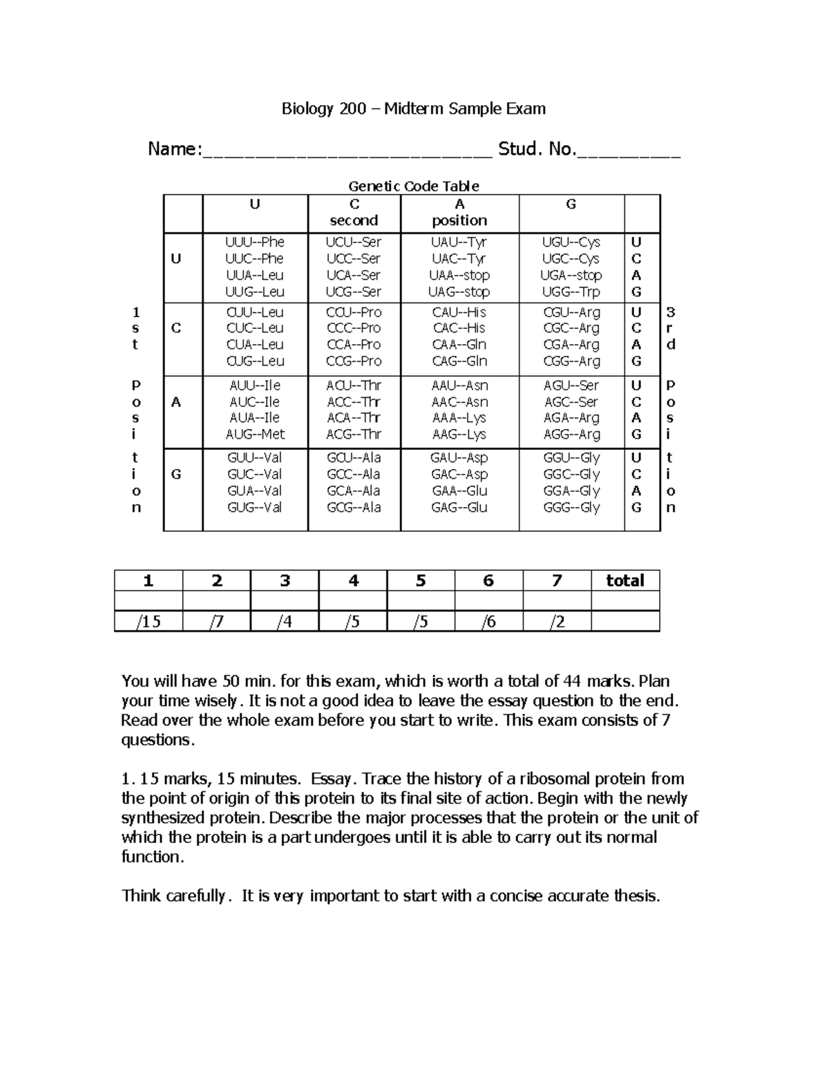 BIOL 200 Midterm Exam 2011 - Biology 200 Midterm Sample Exam Stud ...
