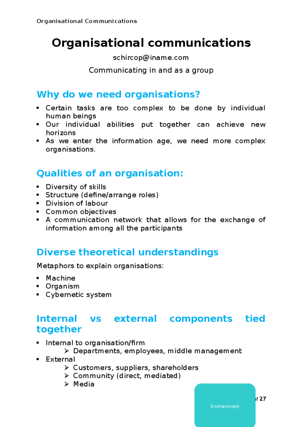All of Organisational communications Notes - Organisational ...