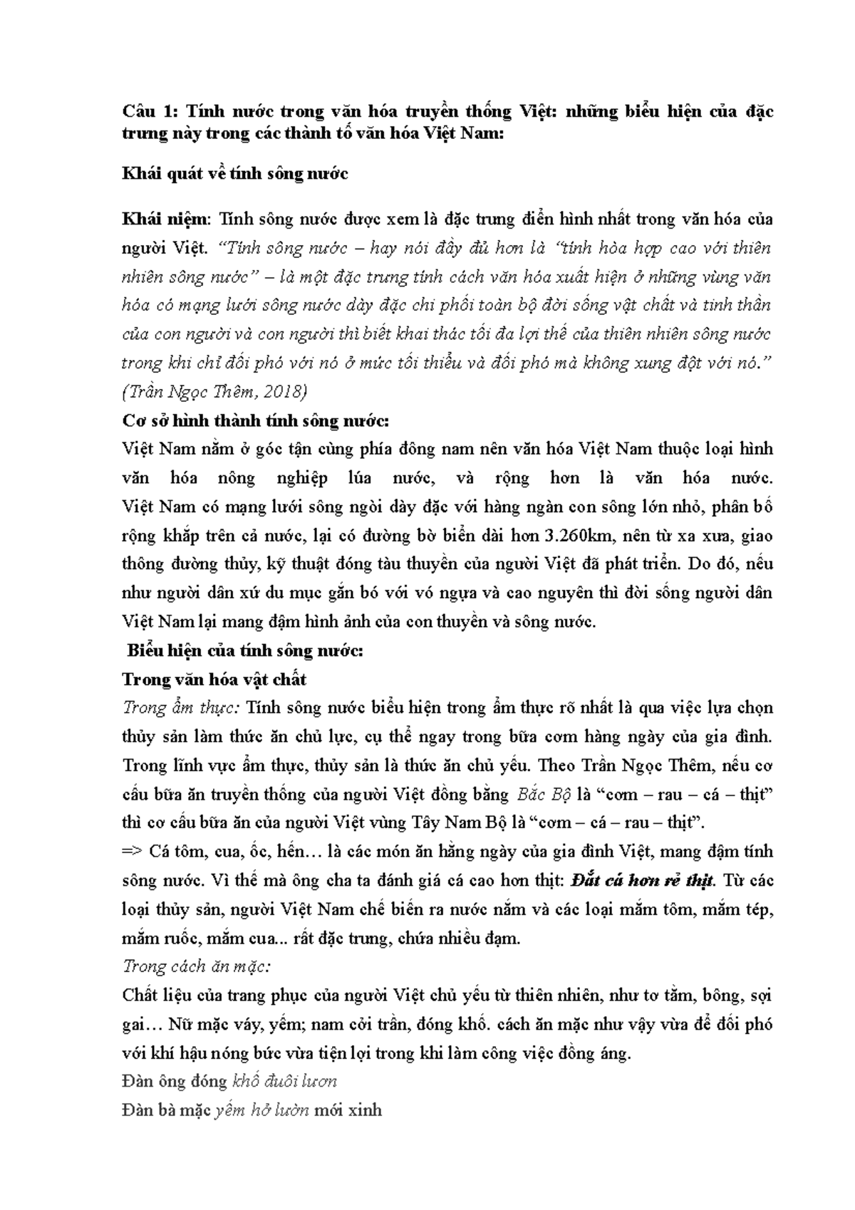 Cơ sở văn hóa Việt Nam - Câu 1: Tính nước trong văn hóa truyền thống Việt: những biểu hiện của đặc - Studocu