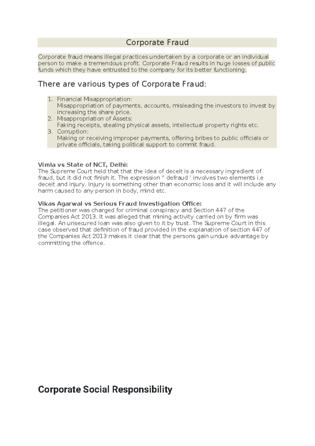 Corporate Fraud and social resp - Corporate Fraud Corporate fraud means ...