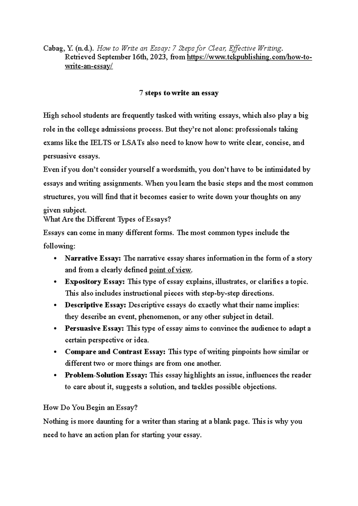 Seven steps to write an essay - Cabag, Y. (n.). How to Write an Essay