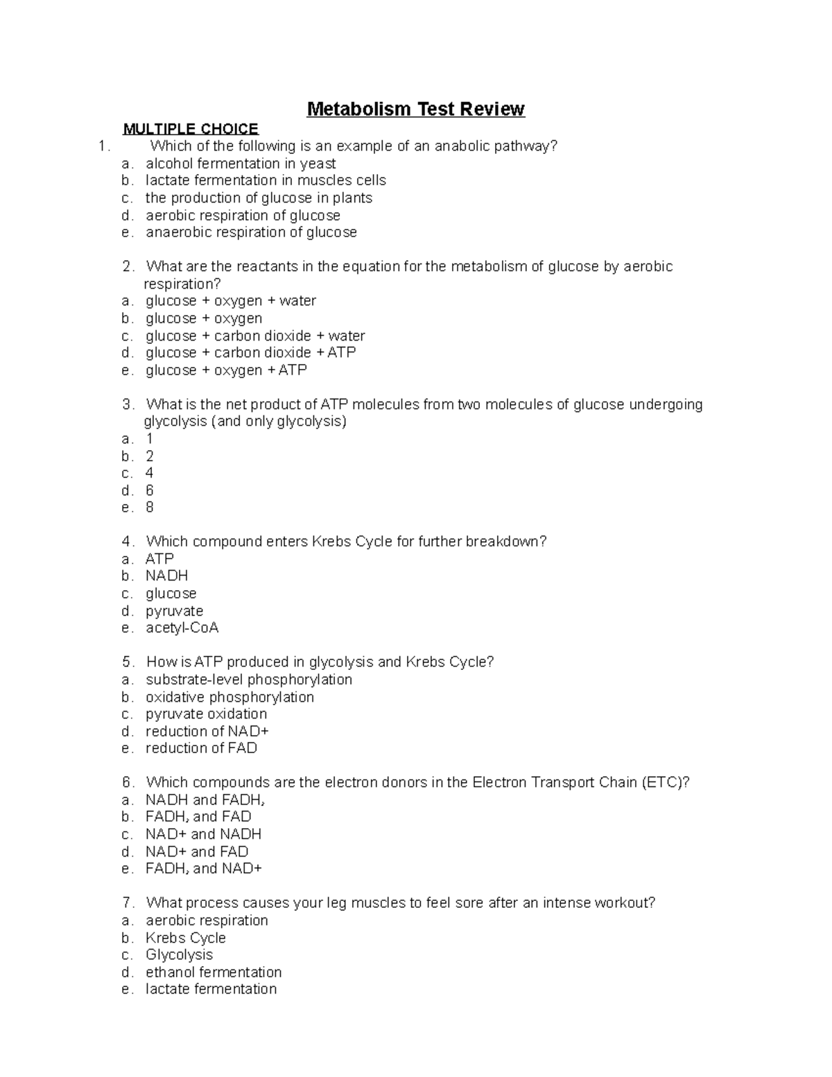 Metabolism test review - Metabolism Test Review MULTIPLE CHOICE Which ...