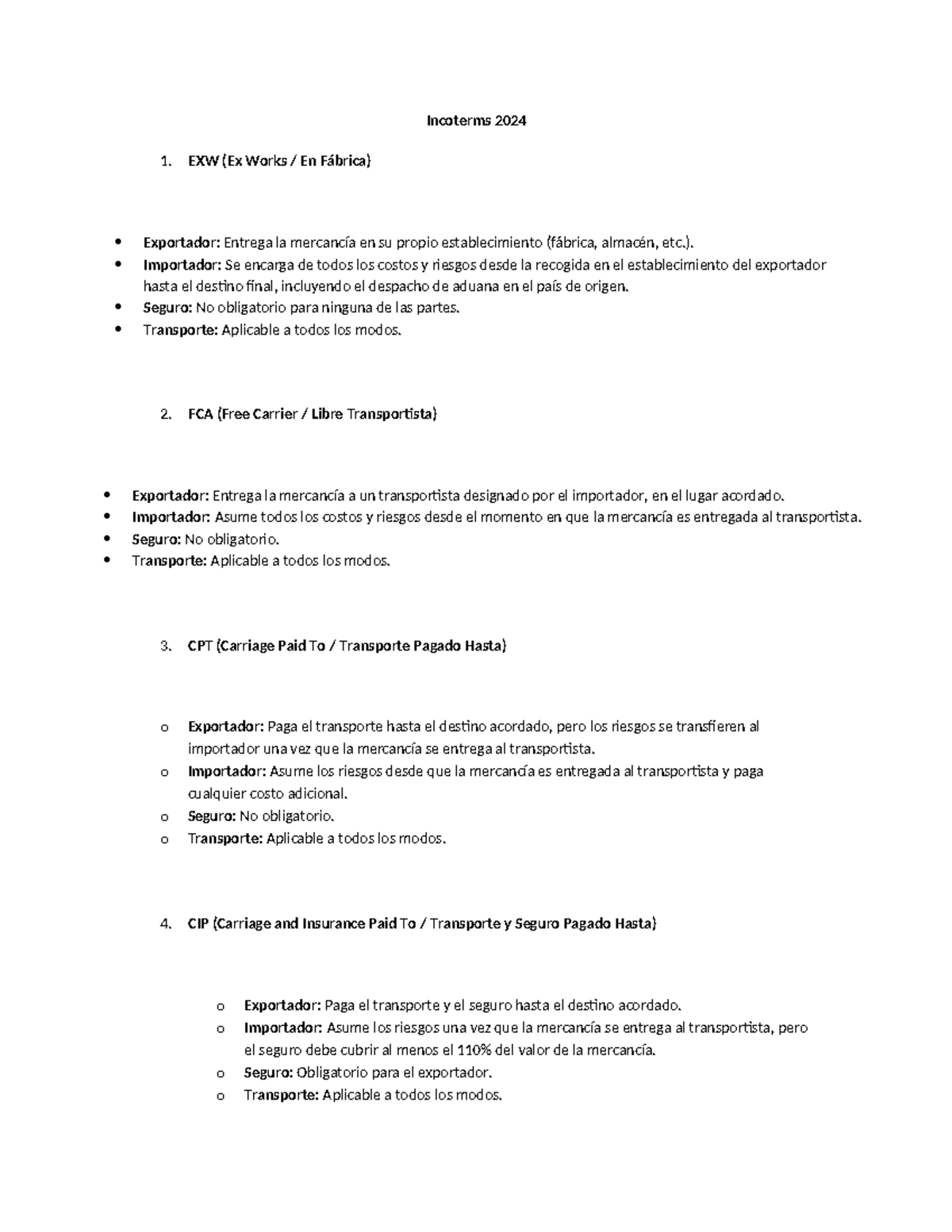 Incoterms 2024 Incoterms 2024 EXW (Ex Works / En Fábrica) Exportador