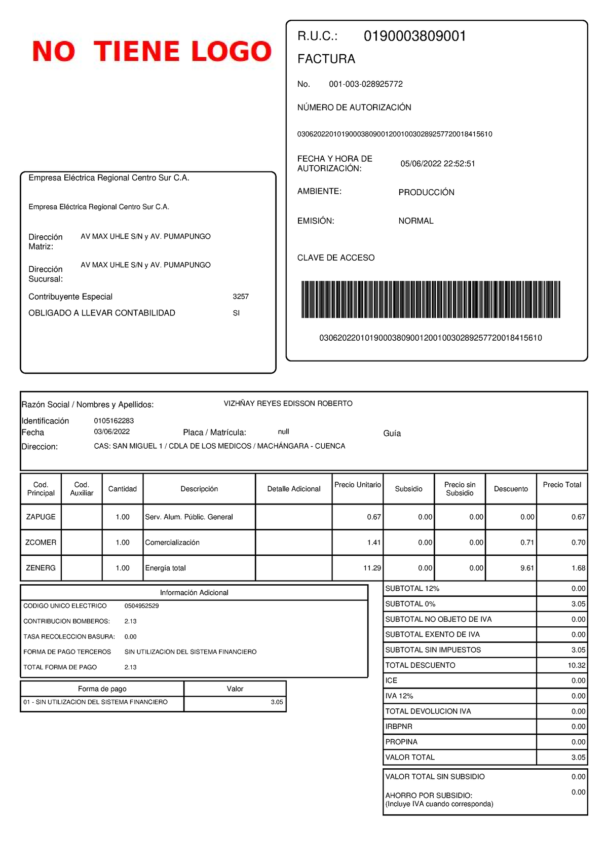 Factura 3 Fact Ru Factura NÚmero De AutorizaciÓn Fecha Y Hora De AutorizaciÓn Clave De 9207