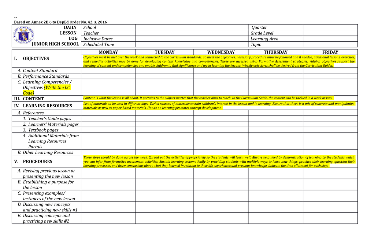 Daily Lesson LOG DLL Template - Based on Annex 2B to DepEd Order No. 42 ...