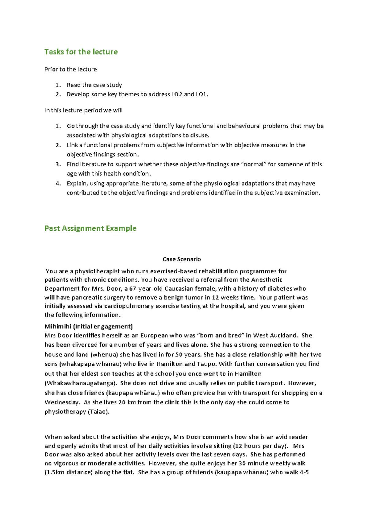 Past Assignment example 2021 lecture - Tasks for the lecture Prior to ...