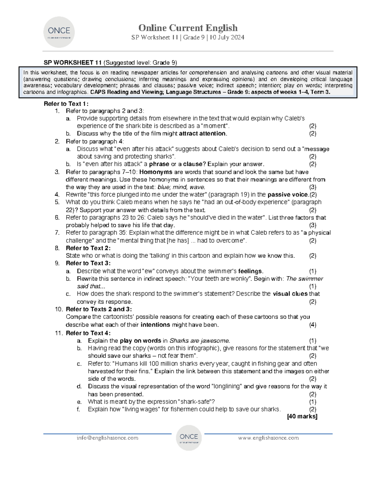 Questions shark - English comp - Online Current English SP Worksheet 11 ...