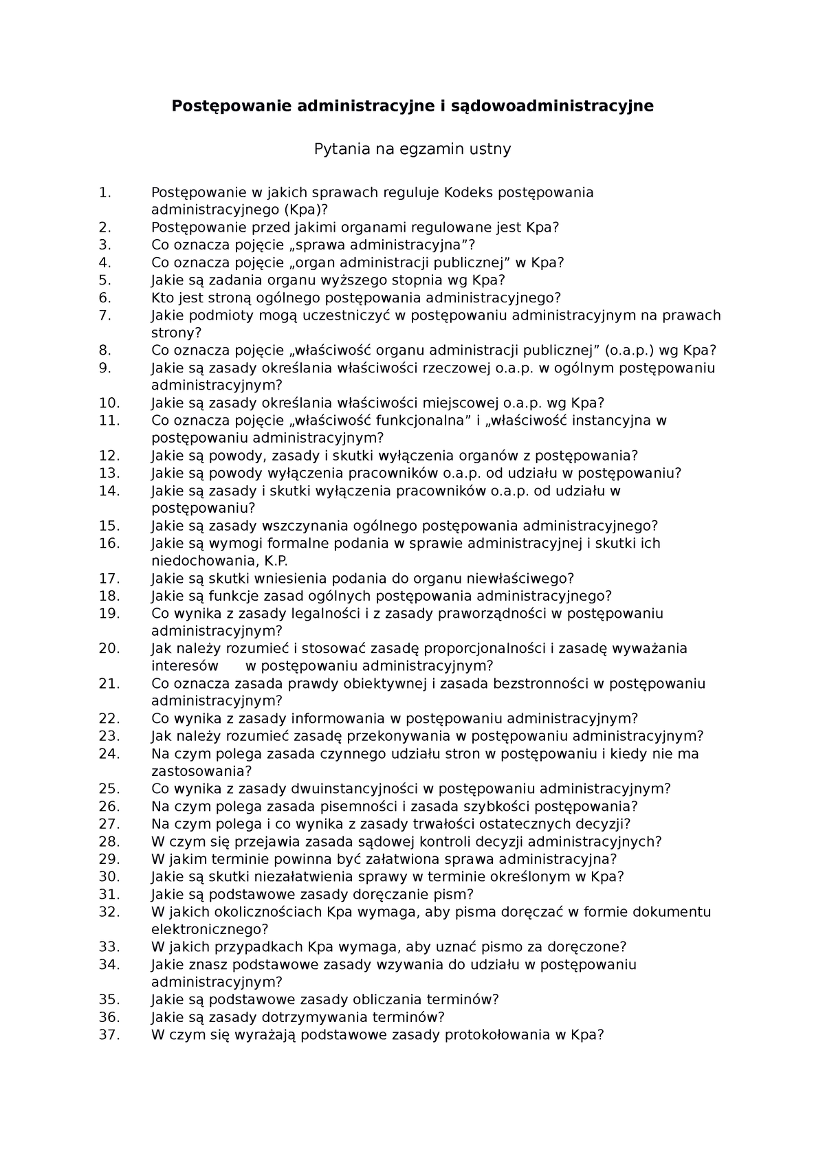 Kpa Pytania Ustny Postępowanie Administracyjne I Sądowoadministracyjne Pytania Na Egzamin 5434