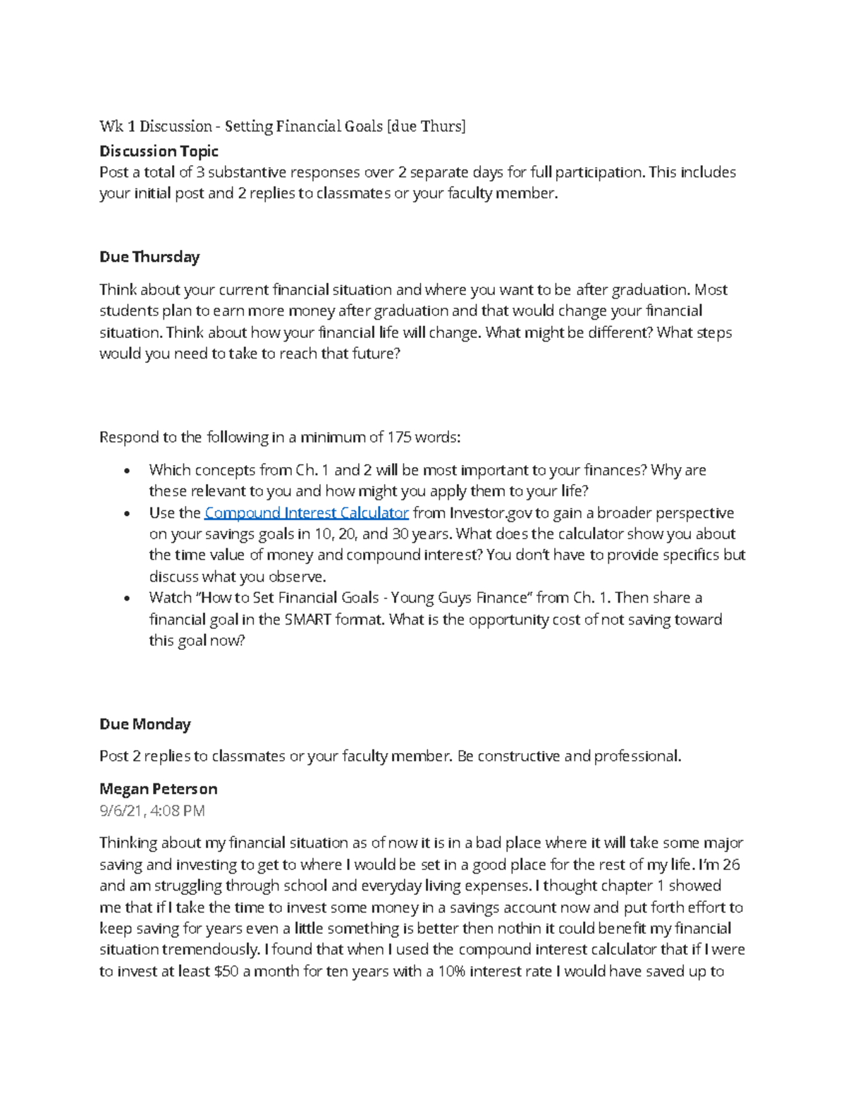Week 1 discussion setting financial goals - Wk 1 Discussion - Setting ...