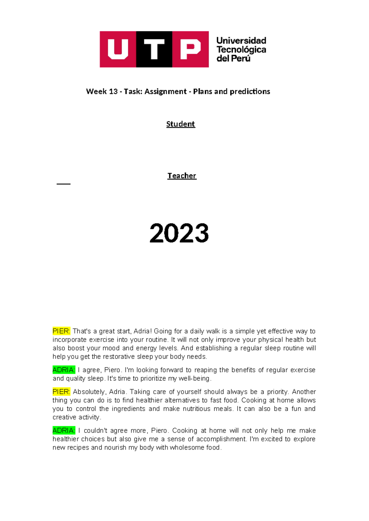 Taskk semana 14 task stoc - Week 13 - Task: Assignment - Plans and ...