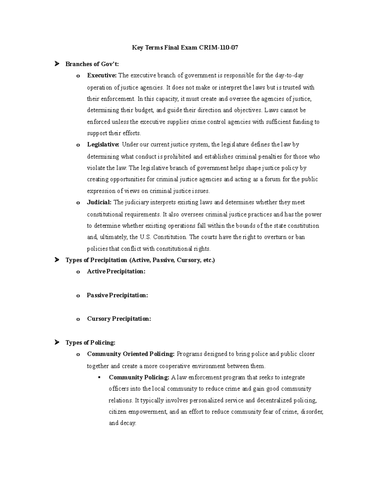 Final Exam Study Guide - Key Terms Final Exam Branches of o Executive ...
