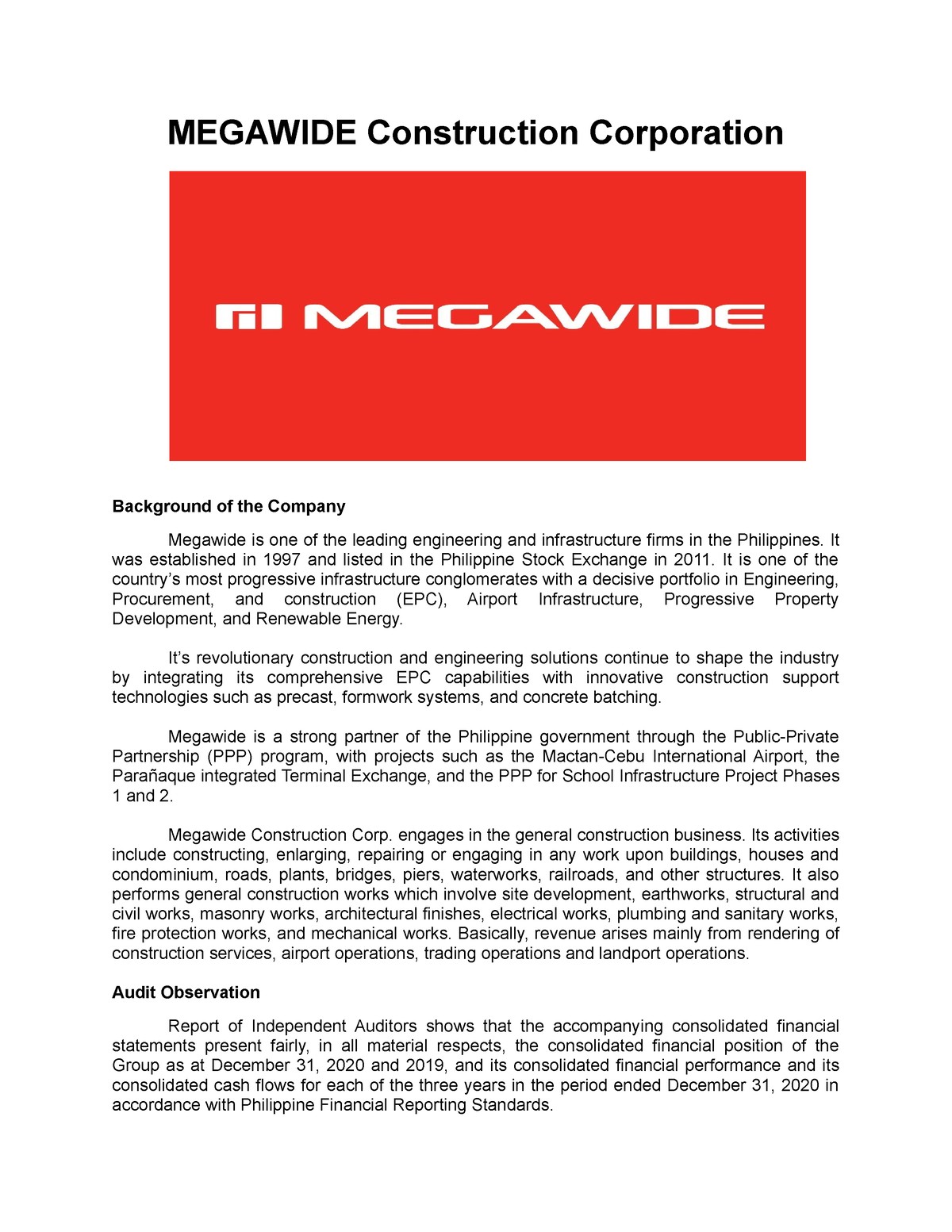 AASI Written Report - MEGAWIDE Construction Corporation Background Of ...