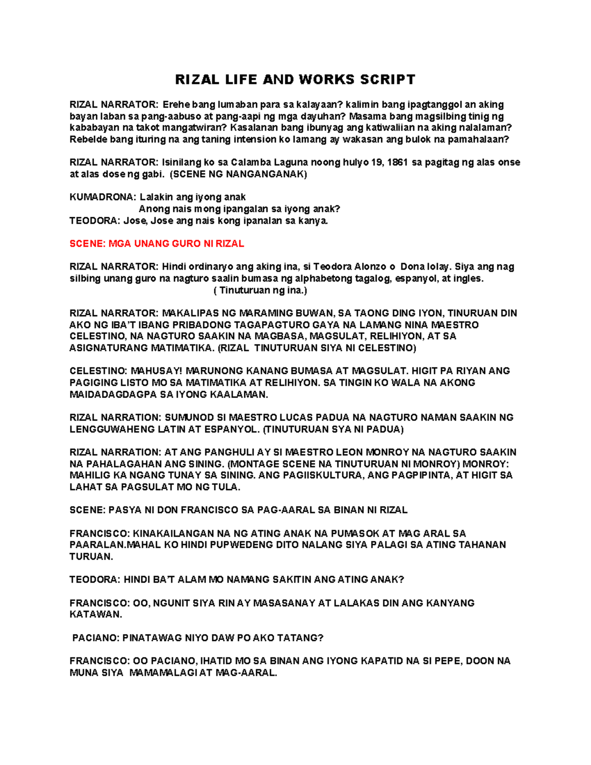 Rizal LIFE AND Works Script - RIZAL LIFE AND WORKS SCRIPT RIZAL ...
