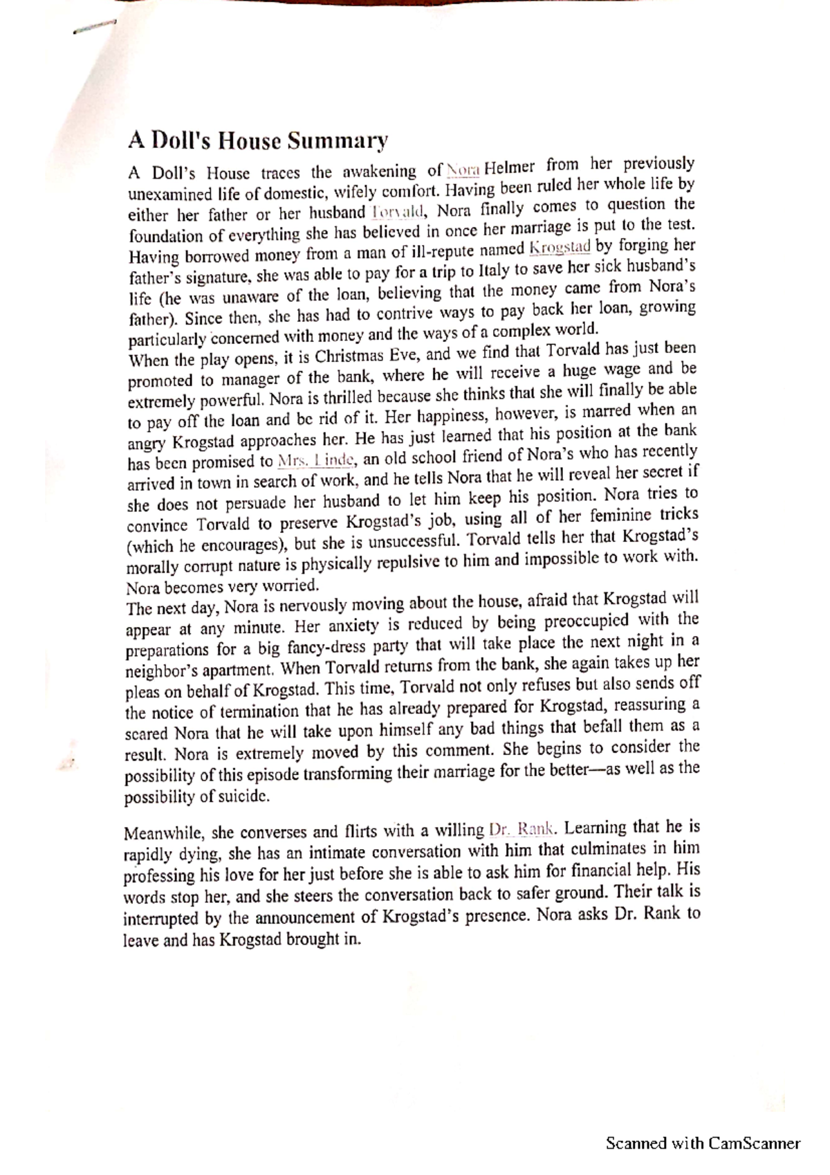 Doll House Summary Modern Novel Scanned with CamScanner Scanned