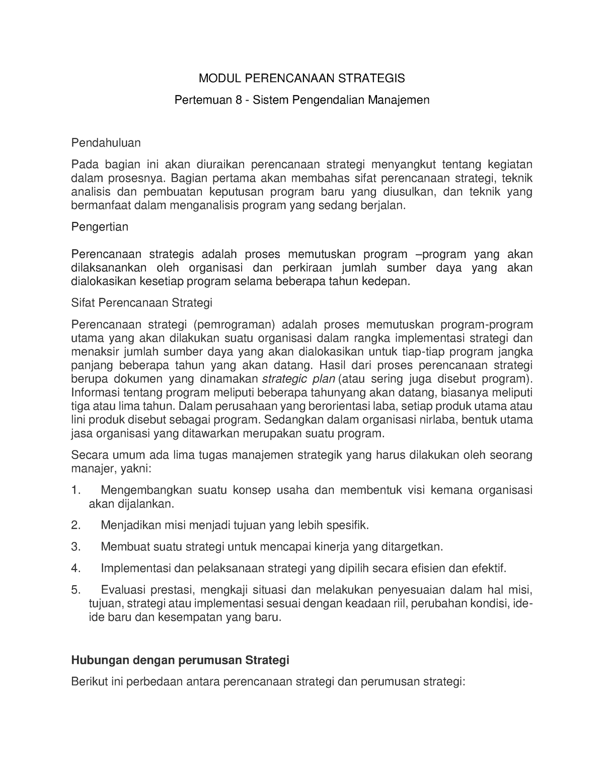 Modul 8 Manajemen Strategik - MODUL PERENCANAAN STRATEGIS Pertemuan 8 ...