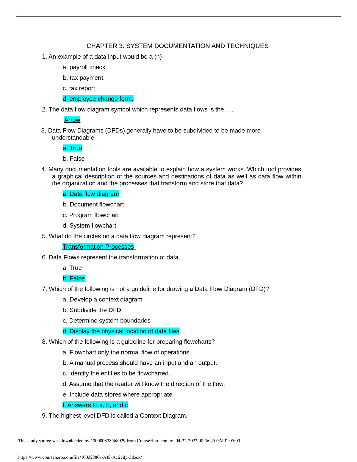 AIS Activity 3 - Answer Key - CHAPTER 3: SYSTEM DOCUMENTATION AND ...