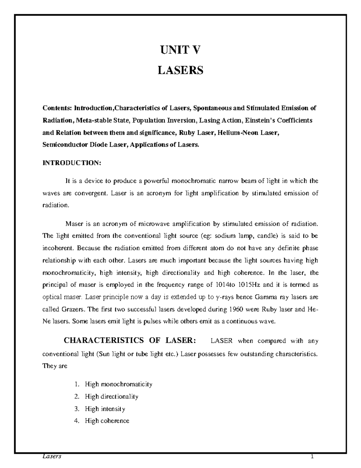 UNIT -5 - Notes - UNIT V LASERS Contents: Introduction,Characteristics ...