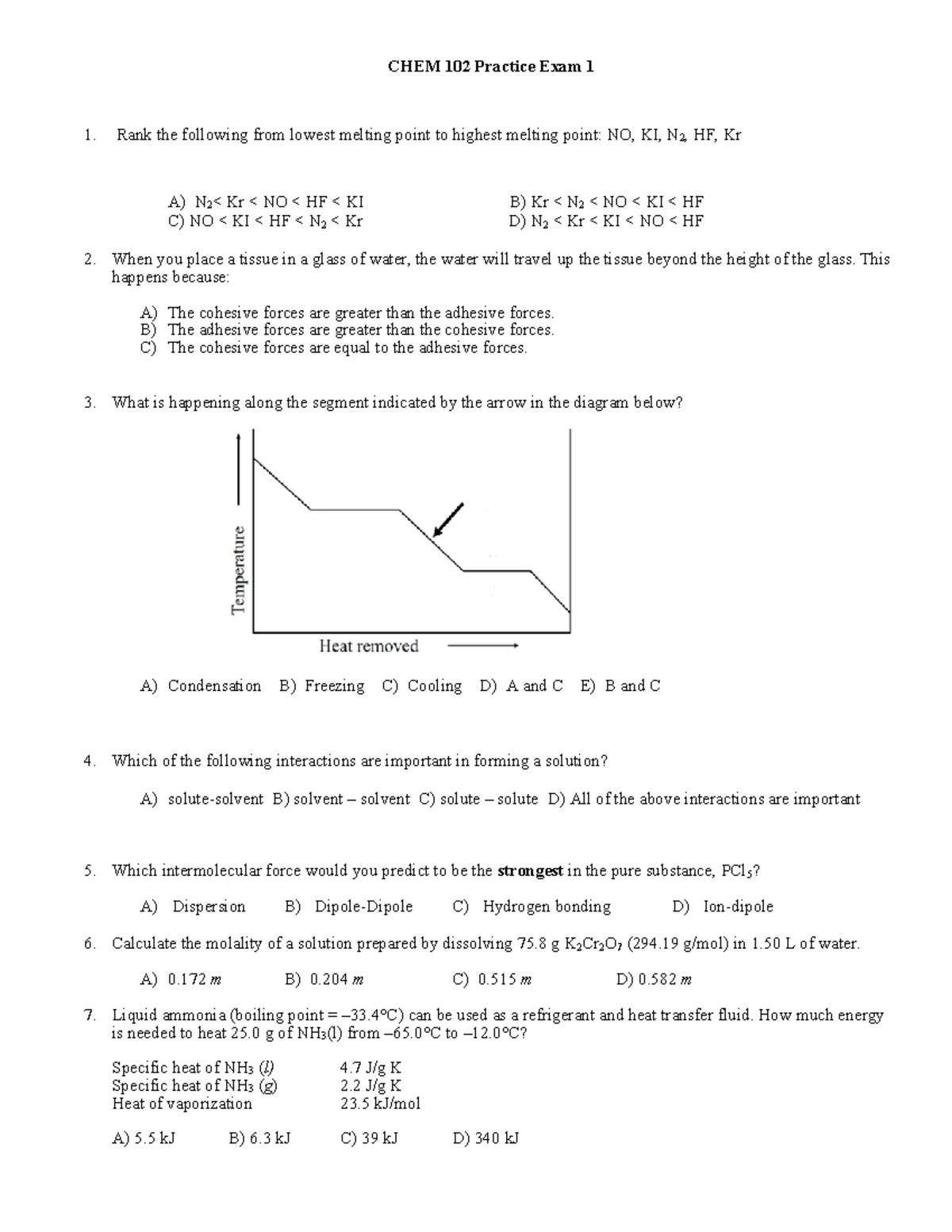 CHEM 102 SP24 Practice Exam 1A - CHEM 102 Practice Exam 1 Rank the ...