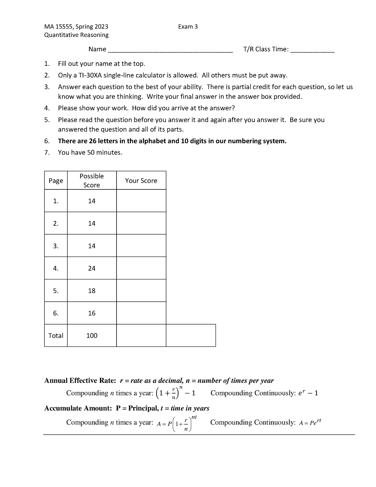 Exam 3, Review Spring 23 - Quantitative Reasoning Name