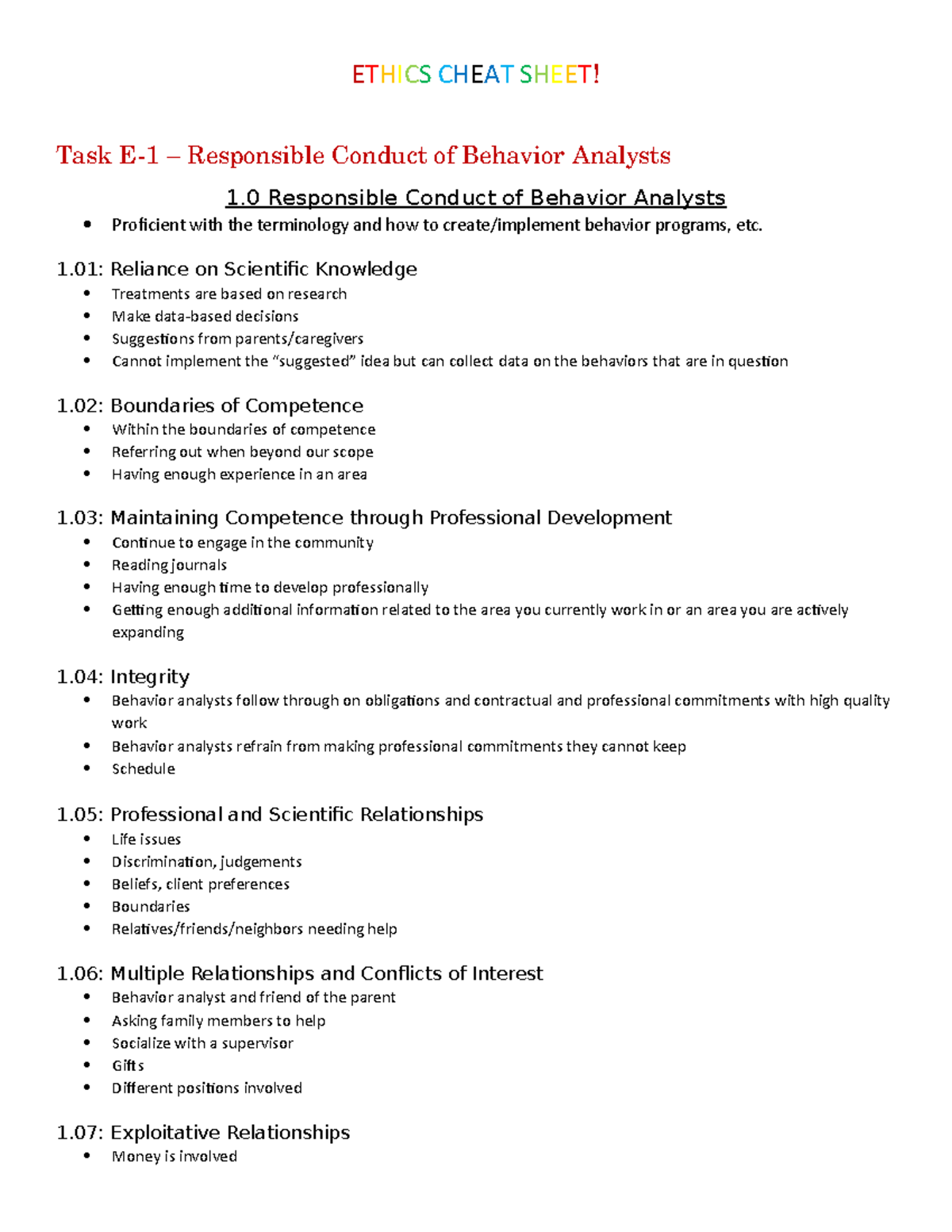Ethics Cheat Sheet for Task E1, E5, and E10 ETHICS CHEAT SHEET