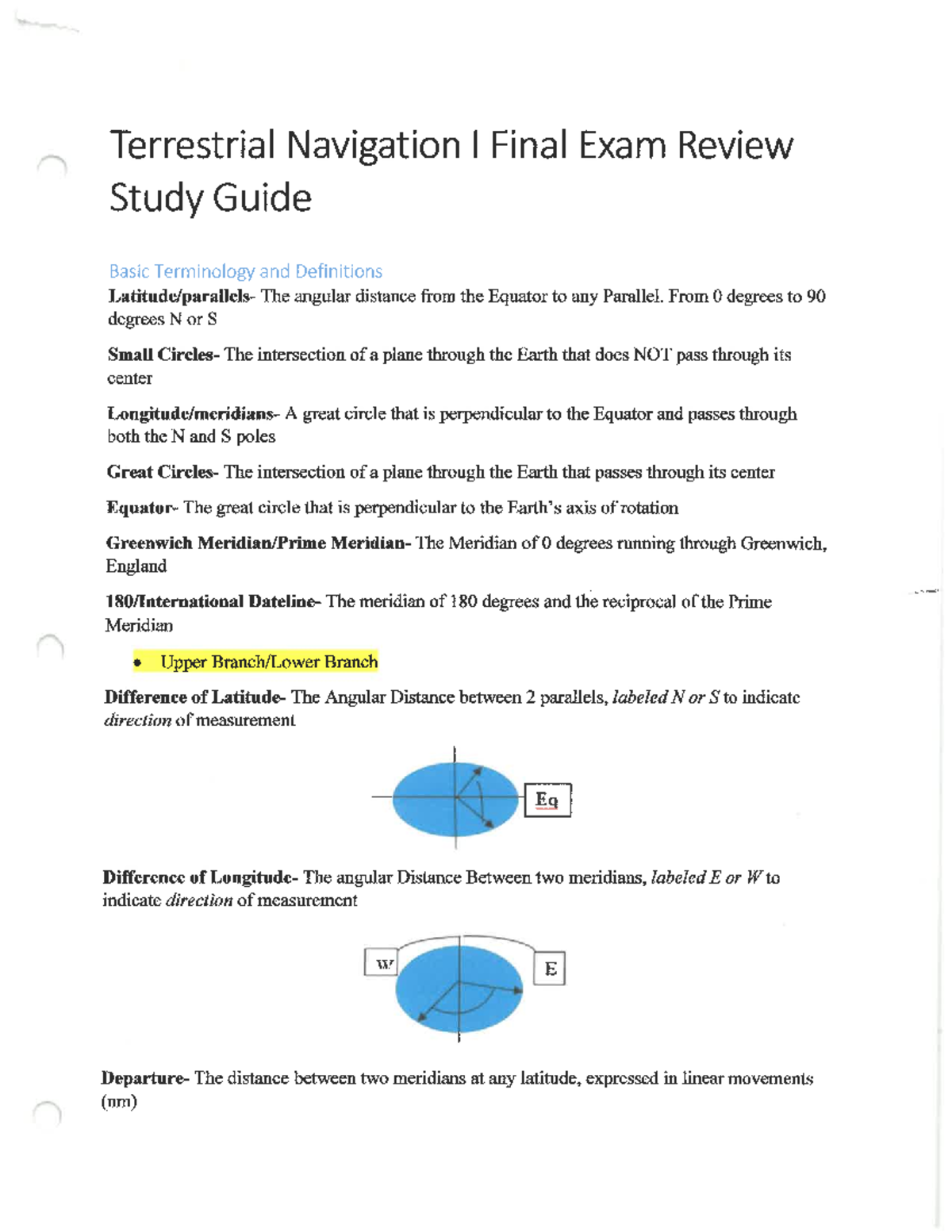 NAUT 120 Terrestrial Navigation 1 Review Study Guide NAUT120