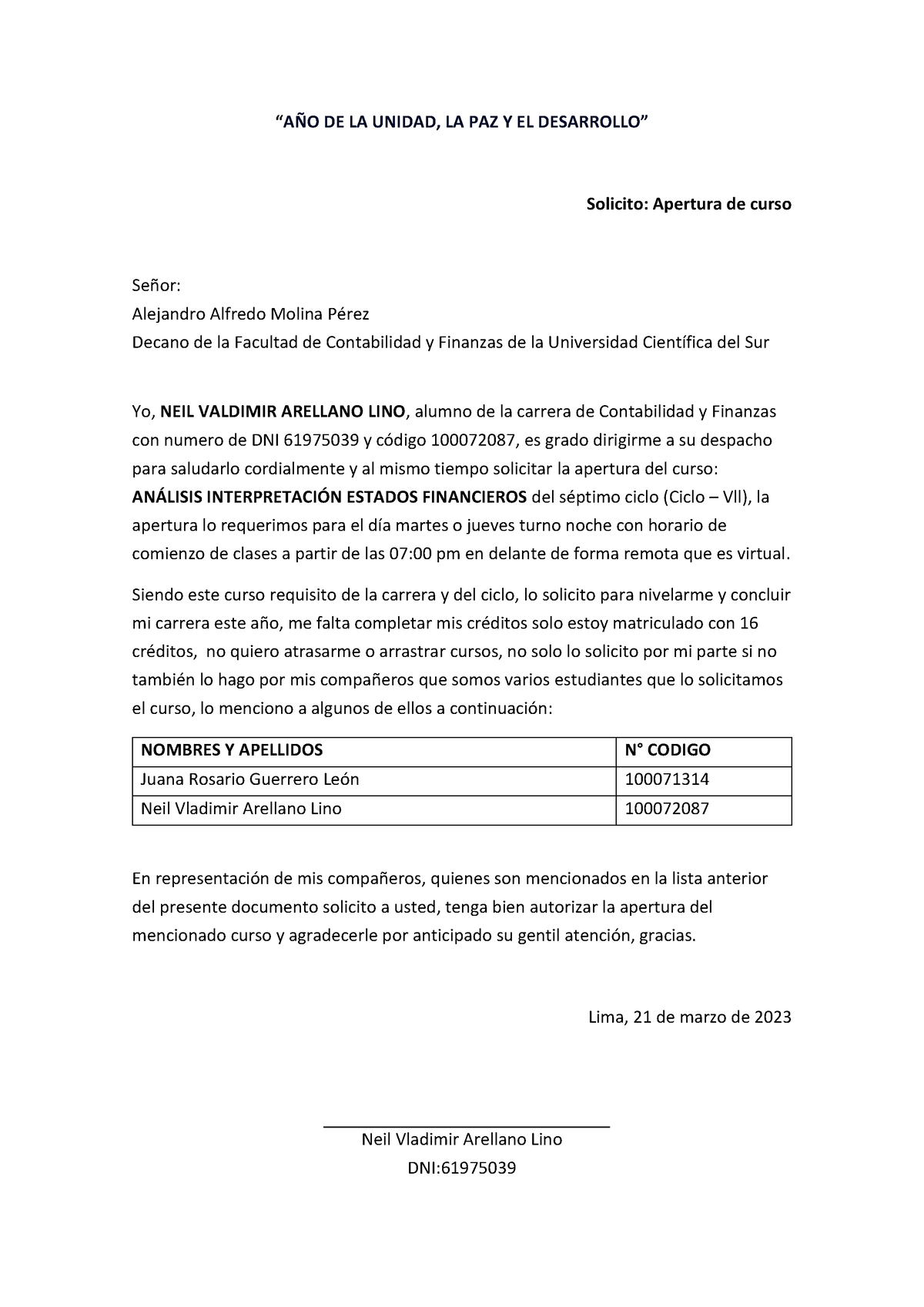 Solicitud Análisis Interpretación Estados Financieros - “AÑO DE LA ...