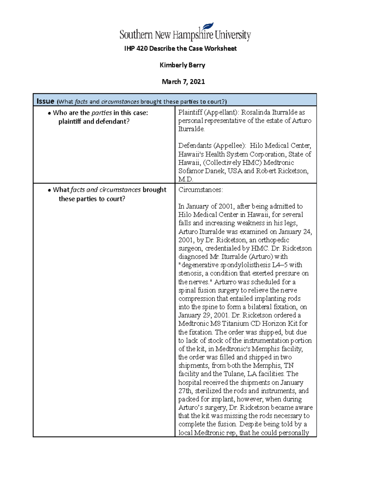 IHP 420 1-2 worksheet Describe the case - IHP 420 Describe the Case  Worksheet Kimberly Berry March - Studocu